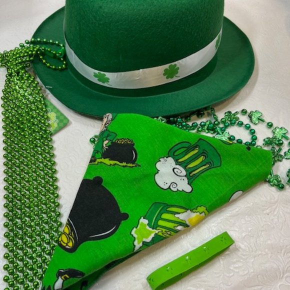 St Patrick's Day Hat, Tie, Bandana, Beads, Green Rubber Bracelet Package Lot - Picture 2 of 13